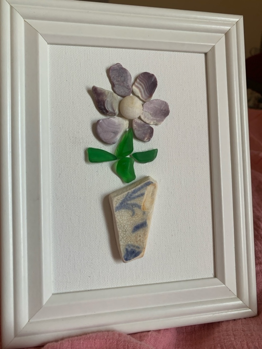 Framed Seaglass Art with Wampum Shells - Handmade Original